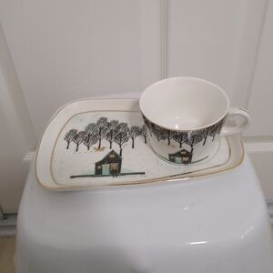 Grace Fine Ceramic Little Plate & Cup Depicting A Little House, Woods And A Fox